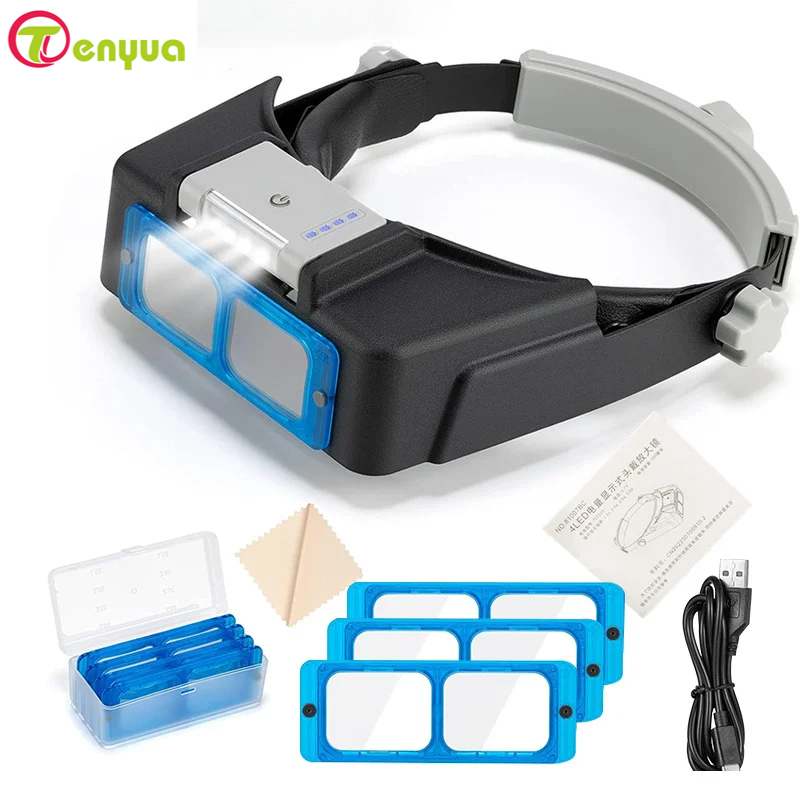 Electronics Repair Glasses - 虫眼鏡ヘッドマウント USB 充電、バッテリーディスプレイ用の 4LED ライト付き、高精細読書ギフト