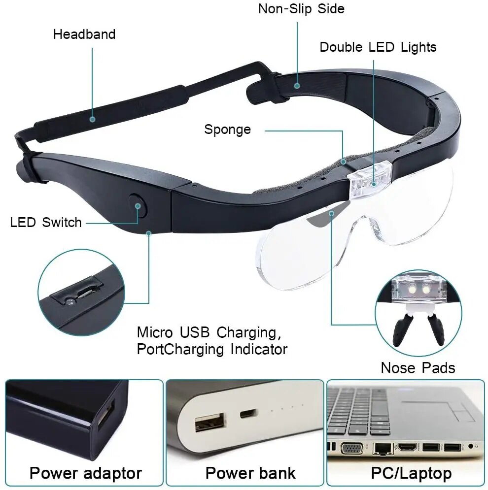 2つのLEDライト、読書、時計メーカーの修理、USB充電式拡 - Electronics Repair Glasses のレビューと価格